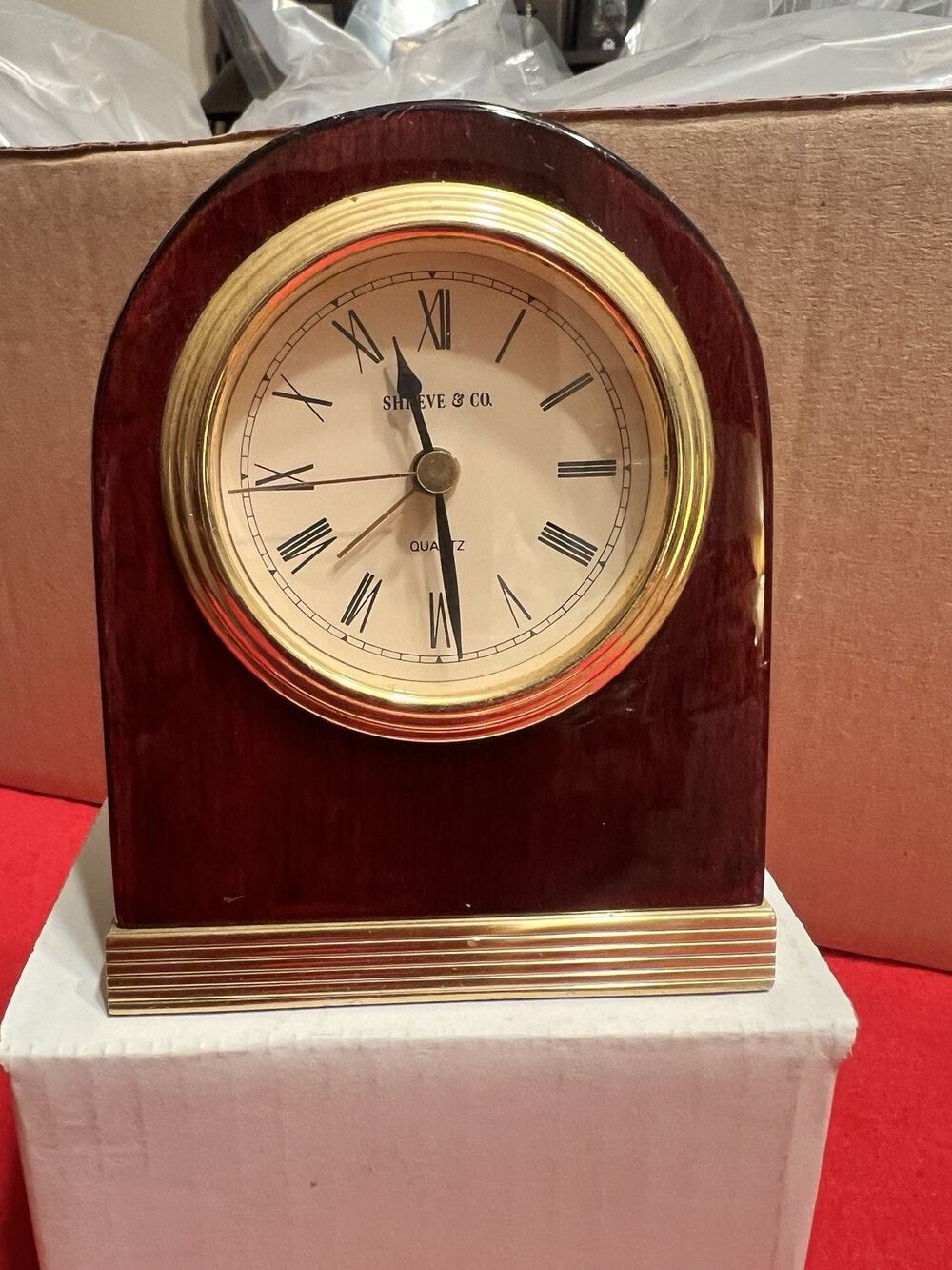 Shreve & Co Quartz Desk Mantel Alarm Clock Mahogany Wood Roman Numerals